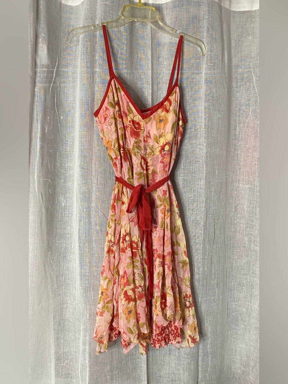 Floral V-Neck Pink & Red Spaghetti Strap Dress